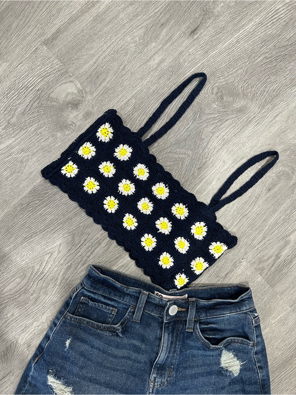 bp Navy Crochet Daisy Crop Top with White & Yellow Flowers